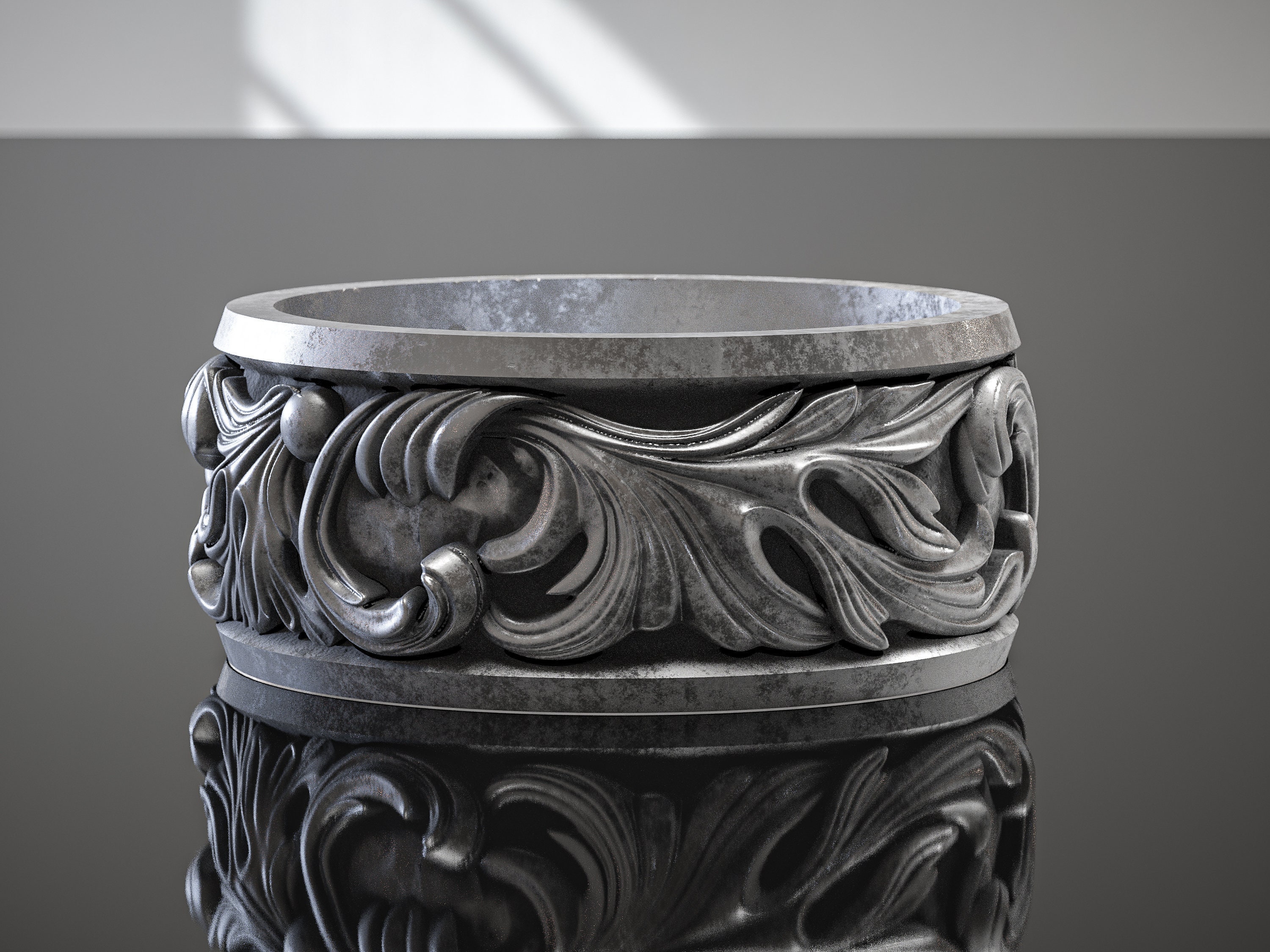 Men's Rings Leaf Pattern Carved Leaf Motif Promise Men Band Silver Ring, Oxidized Rococo ...