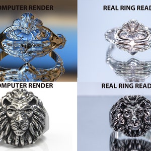 May include: Two silver rings, one with a Celtic knot design and the other with a lion head design. The rings are shown in both computer-rendered and real-life images.