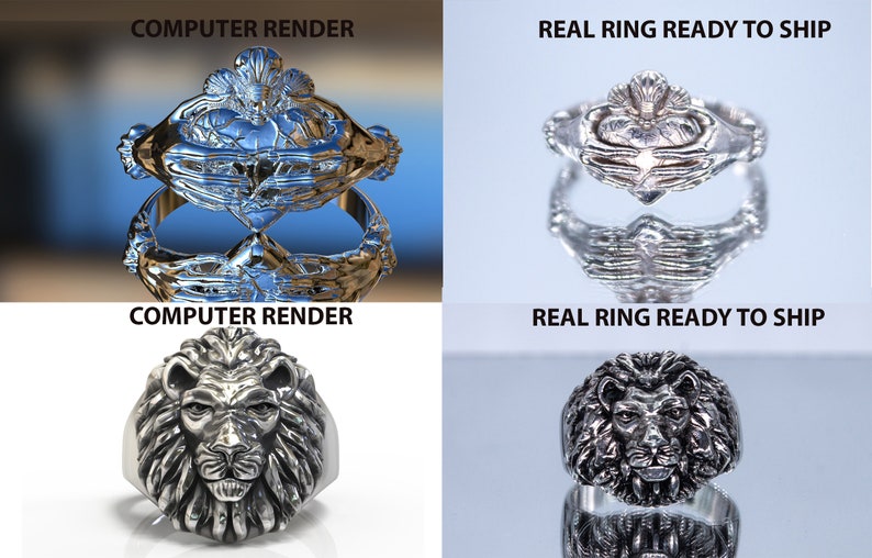 May include: Two silver rings, one with a Celtic knot design and the other with a lion head design. The rings are shown in both computer-rendered and real-life images.