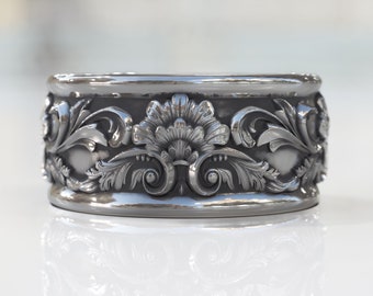 Carved Leaf Ring Promise Men Band, Silver Ring, Oxidized Rococo Ornament Men's Wedding Band Ring in Sterling Silver, Floral Engagement Ring