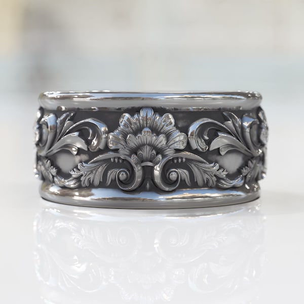 Anillo de promesa para hombre con hoja tallada, anillo de plata, anillo de boda para hombre con adorno rococó oxidado en plata de ley, anillo de compromiso floral