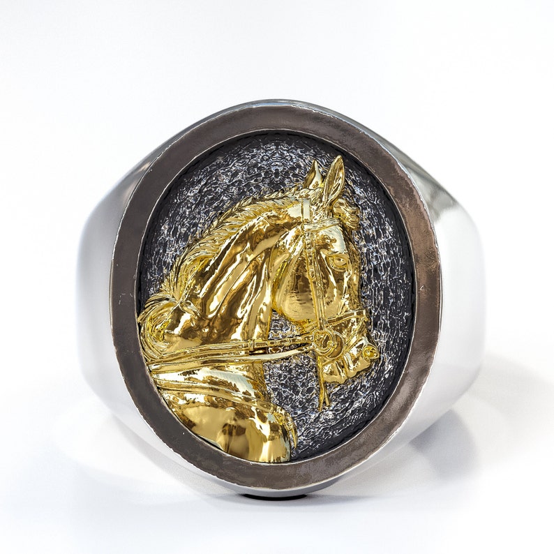 K&ouml;nnte beinhalten: Ein silberner Ring mit schwarzem und silbernem Hintergrund und einem goldenen Pferdekopf-Design.