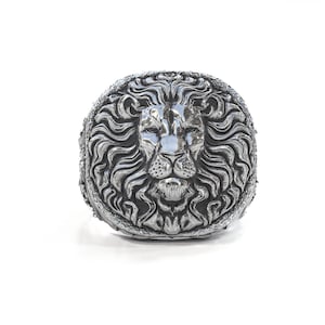Sterling Silver Lion Head Men Ring, Lion Head Jewelry, chunky signet ring