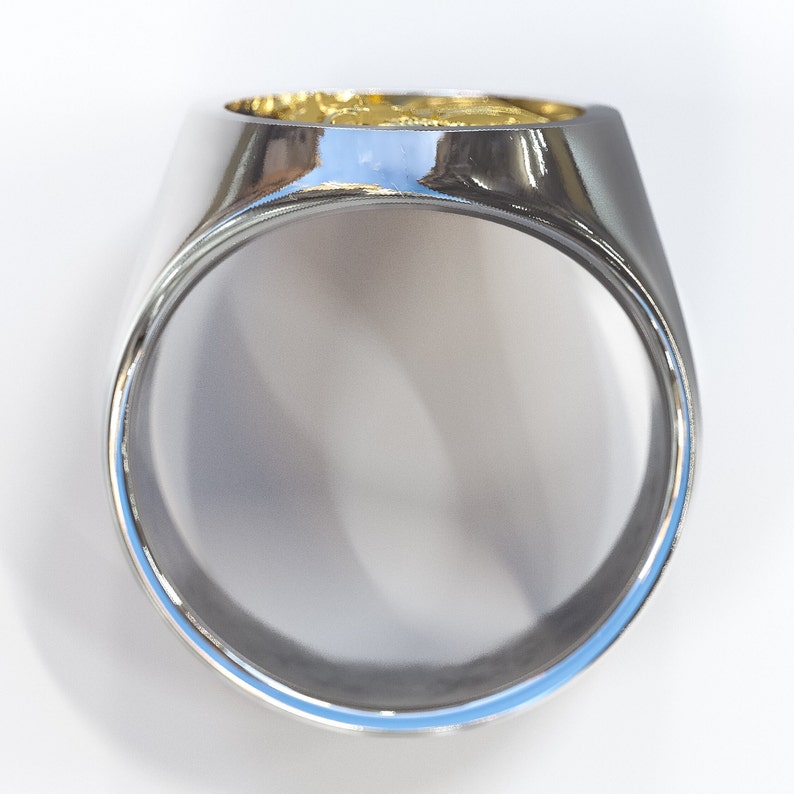 K&ouml;nnte beinhalten: Ein silberner Ring mit einem goldenen Band. Der Ring ist poliert und gl&auml;nzend.