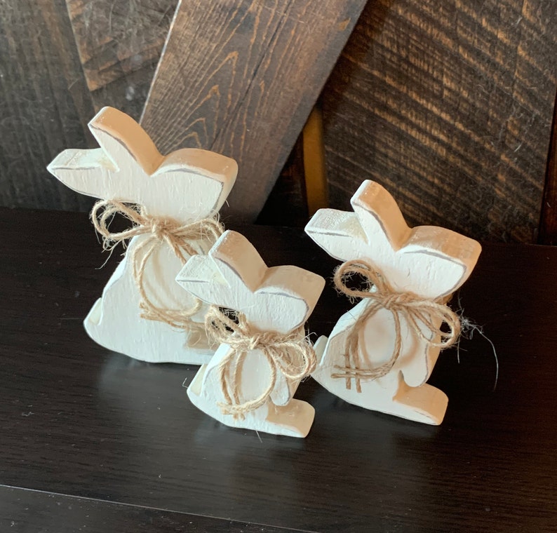 Wooden White Rabbit Figurines Rustic Wooden Rabbit Family Etsy