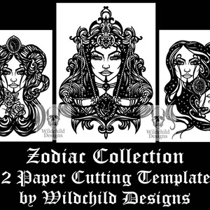 12 x Plantillas de corte de papel con temática zodiacal, Plantillas de uso comercial, Diseños Wildchild, Colección Diosa JPEG, SVG, Plantillas de vinilo
