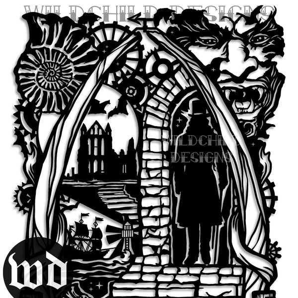 Whitby Montage Papercutting Template, Vinyl Template, SVG JPEG, Personal Use, SVG File for Cricut Cameo Silhouette Cutting Machine, Dracula