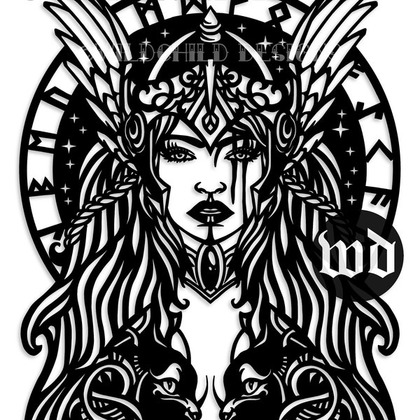 Freya Papercutting Template, Vinyl Template, SVG, JPEG, Personal Use, Shieldmaiden Norse, Valkyrie, Viking Warrior, Viking Shield-Maiden