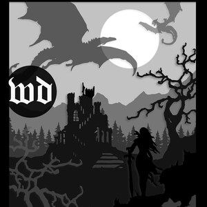 May include: A black and white silhouette illustration of a woman standing in front of a ruined castle with a dragon flying overhead. The image has a dark and mysterious feel, with a full moon in the background. The text "WILDCHILD DESIGNS" is at the bottom of the image.