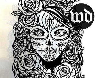 Plantilla de corte de papel Rosa Lucia, uso personal, plantilla de vinilo, SVG, JPEG, plantilla de cráneo de azúcar del día de la muerte, plantilla de Lady Calavera