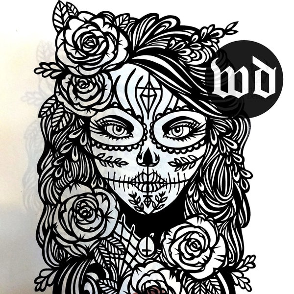 Rosa Lucia Papercutting Template, Personal Use, Vinyl Template, SVG, JPEG, Day of the Dead Sugar Skull Template, Lady Calavera Template