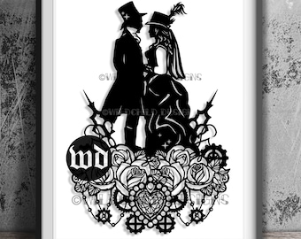 Steampunk Wedding Silhouette Paper Cutting Template, Personal Use, Vinyl, JPEG, SVG, Wedding Template, Roses Template, Steampunk Template