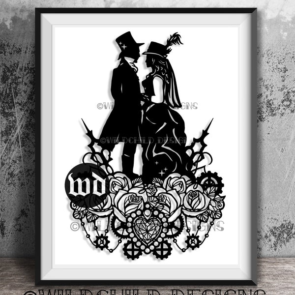 Steampunk Wedding Silhouette Paper Cutting Template, Personal Use, Vinyl, JPEG, SVG, Wedding Template, Roses Template, Steampunk Template