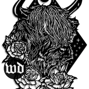 Highland Cow and Roses x4 Papercutting Template, Personal Use, Highland Cow Vinyl Template, Scottish Heilan Coo, JPEG, SVG Template