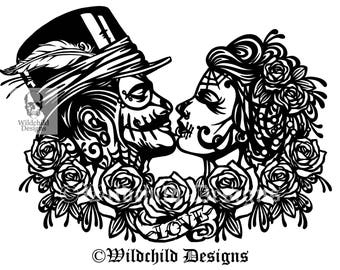 Gotische bruiloft paar Papierknipkunst sjabloon, persoonlijk gebruik, Vinyl sjabloon, SVG, JPEG, Wildchild ontwerpen, suiker schedel, Engagement sjabloon
