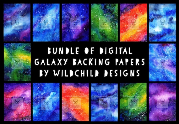 14 x Galaxy Nebula Space Watercolour Hand Painted Backing Papers by Wildchild Designs for use with Paper Cutting Templates Digital Downloads