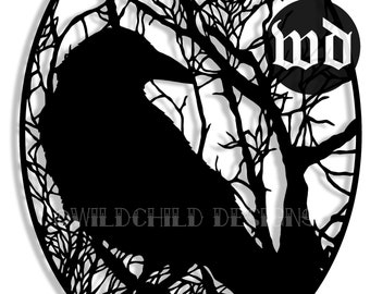 Crow & beklijvende Winter bomen papier snijden sjabloon Personal/commercieel gebruik, Vinyl sjabloon, Template van Edgar Allan Poe, de Raven sjabloon