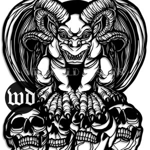 May include: Black and white illustration of a gargoyle with wings, sitting on top of three skulls. The gargoyle has a menacing expression and sharp claws. The image includes the text "WILDCHILD DESIGNS".