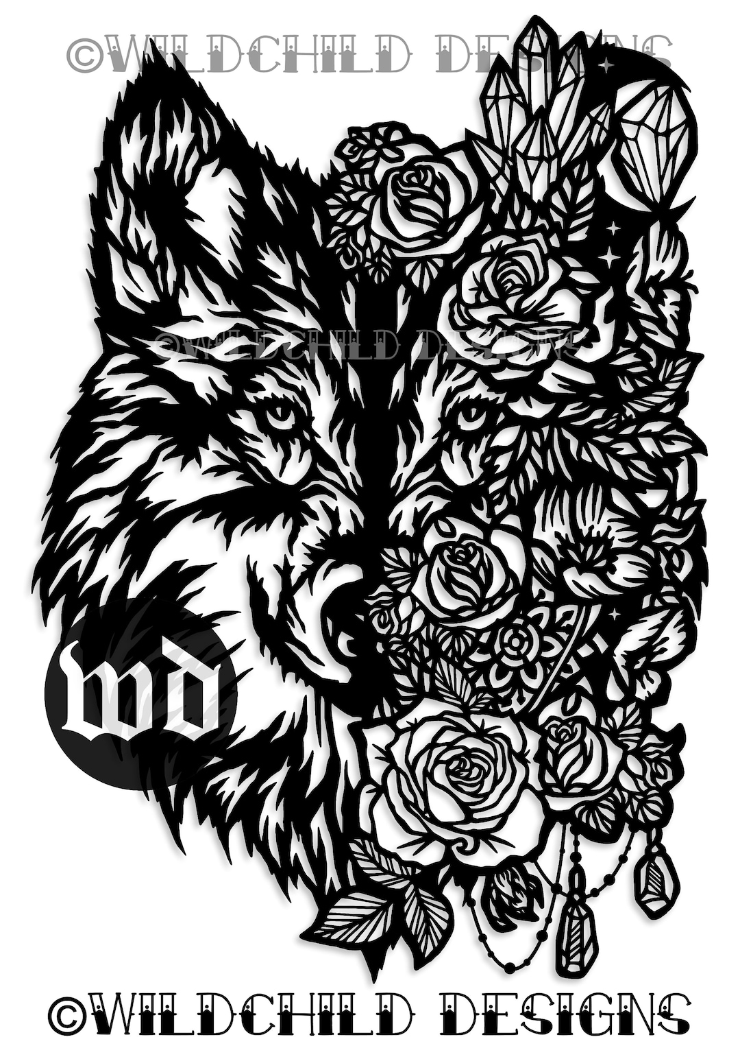 Floral Wolf Paper Cutting Template, Personal Use, Vinyl Template, SVG
