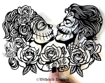 The Lovers Alternative Couple Papercutting Template, Personal Use, Vinyl Template, SVG, JPEG, Sugar Skull, Wedding Template, Engagement