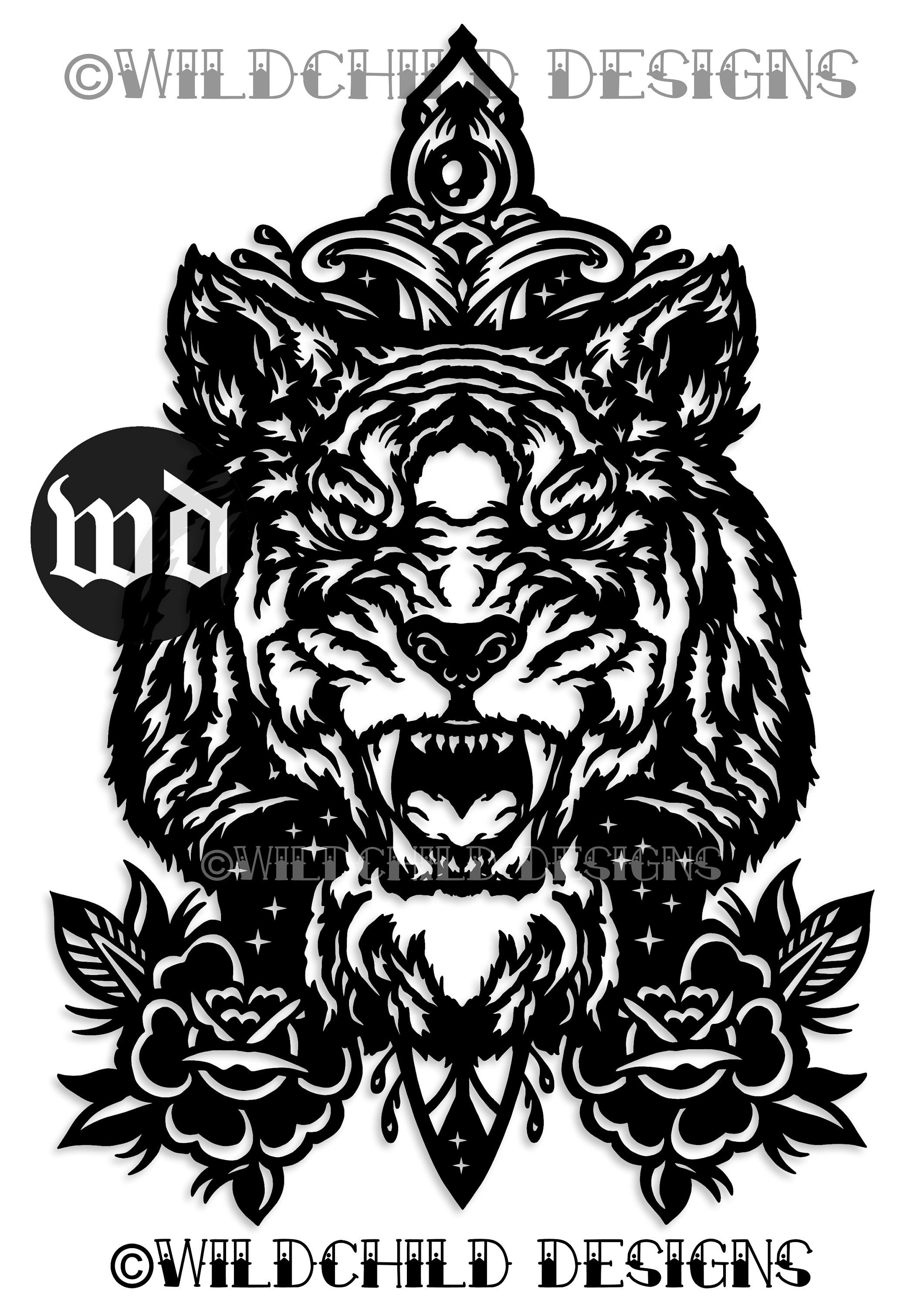 Tattoo Tiger and Dagger Papercutting Template, Personal Use, Vinyl Template, SVG, JPEG, Black Rose Papercutting Template, Tattoo Template