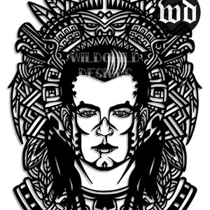 Puede incluir: Ilustración en blanco y negro de línea de arte de una persona con un tocado detallado. El tocado está hecho de formas geométricas y patrones. La cara de la persona está estilizada y tiene una expresión seria. La imagen incluye el texto "WILDCHILD DESIGNS".