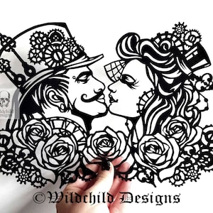 Steampunk Hochzeit paar Papierschnitt Vorlage, persönlichen Gebrauch, Vinyl Vorlage, Wildchild Designs, Steampunk Papierschnitt Vorlage, Engagement
