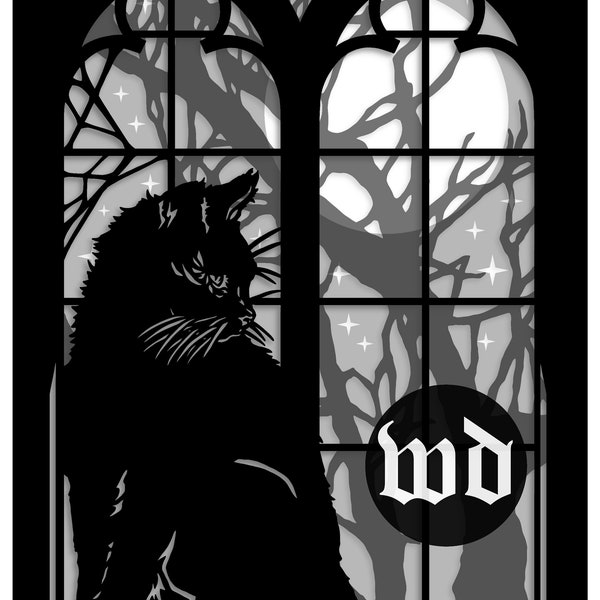 Gatto e gotico finestra Lightbox/Layered Papercutting template, modello di uso personale, SVG, JPEG, modello di gatto, modello di Halloween, scatola di luce