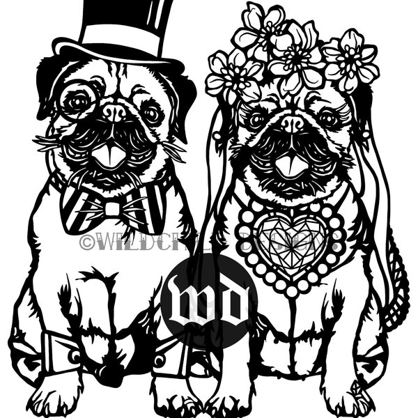 Married Pug Couple Papercutting Template, Vinyl Template, Personal Use Template, SVG, JPEG, Wedding Paper Cutting Template. Pug Template