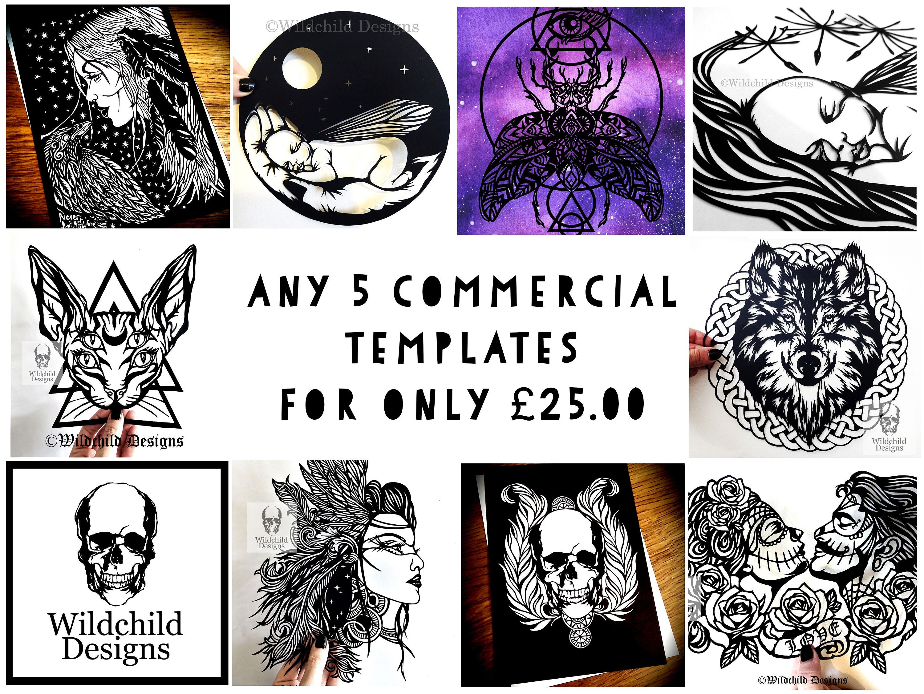 any 5 commercial use papercutting and vinyl templates for only etsy