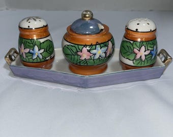 Juego de condimentos vintage de Lusterware: salero, pimentero y mostaza (tarro/bandeja) pintados a mano en Japón.