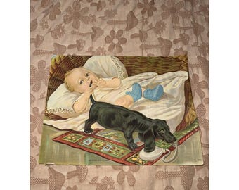 Poster litografico antico del 1911 AN EVEN EXCHANGE di James Lee, Chicago, Baby/Dog