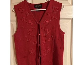 Vtg Sweater Vest Red Floral Embroidery Buttons Beaded 80s 90s Granny Cottage PM