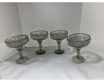 Margaritaglas Munblåsta Set Om (4) Grön Stjälk Grön Skål Etsad