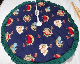 Saia de árvore de Natal vintage acolchoada, azul-marinho, com anjos celestiais e querubins, babado verde.