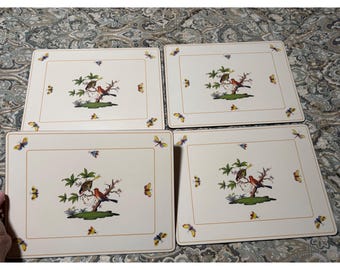 Jogo de 4 jogos americanos com base de cortiça, estampa de borboleta e pássaro pimpinela, fabricados na Inglaterra. Estilo vintage.