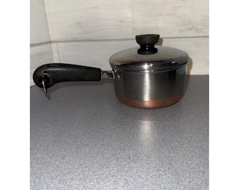 Cacerola Revere Ware vintage de 1801, 1 cuarto de galón, con fondo revestido de cobre y tapa, fabricada en EE. UU.