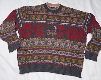 Suéter masculino Connemara Design Ed Roberts em lã de cordeiro e cashmere com estampa Fair Isle, tamanho 52 XL, cinza.