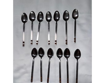 Conjunto de 19 colheres de chá Stanley Roberts Japan Crosspoint em aço inoxidável com detalhes em madeira.