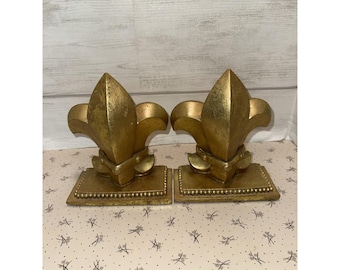 Vintage Pair Of Fleur-De-Lis Bookends W/Distressed Gold Finish-