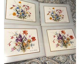 Conjunto de 4 jogos americanos vintage com base de cortiça e estampa de flores silvestres norte-americanas.