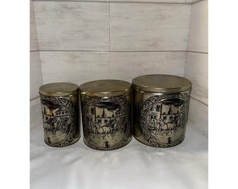 Juego de latas apilables de metal grabado vintage, botes, juego de 3, Horse And Buggy