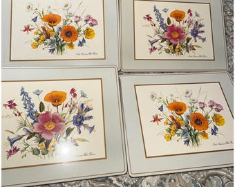 Conjunto de 4 jogos americanos vintage com base de cortiça e estampa botânica de flores silvestres norte-americanas.
