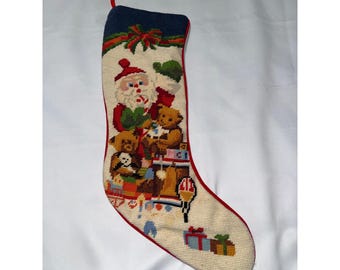 Meia de Natal vintage bordada em ponto cruz, Papai Noel e ursinhos de pelúcia, verso em veludo vermelho, 50 cm (20 polegadas).