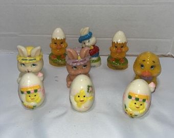 Lote de 9 velas vintage sin encender de Russ Berrie con forma de conejitos y pollitos para Pascua.