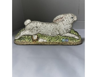 Figura de conejo de Pascua brillante, color plata, verde, hierba, decoración de primavera, 30 cm
