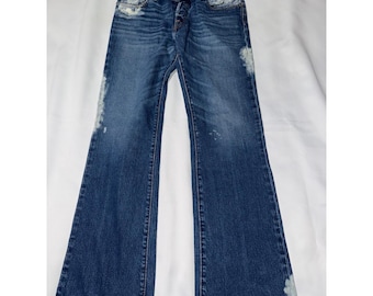 Calça jeans masculina vintage Abercrombie & Fitch, corte bootcut, azul, com efeito desgastado e fechamento por botões. Tamanho W32 (comprimento L32).