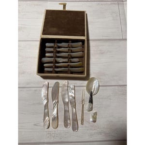 Vintage bestickset med pärlemor, 10 smörknivar, gaffel, mopskal i ask