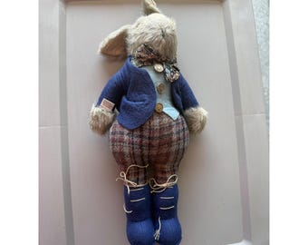 Conjunto vintage G McBride England feito à mão com estampa de coelho, calça xadrez e jaqueta azul, tamanho 14".