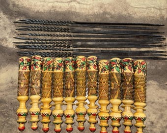 Brochetas francesas vintage de metal y madera pintadas a mano para barbacoa, juego de 11 unidades